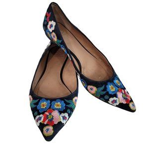Tory Burch Rosemont Embroidered Pansy Floral Blue Suede Pointed Flats Size 8.5